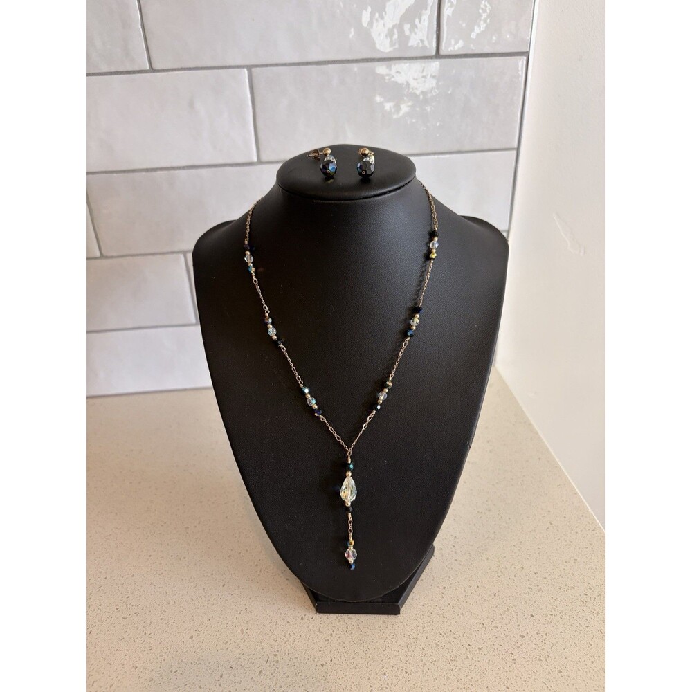 Vintage 14K Gold Filled Crystal Necklace & Dangle Earrings Set AB Rainbow